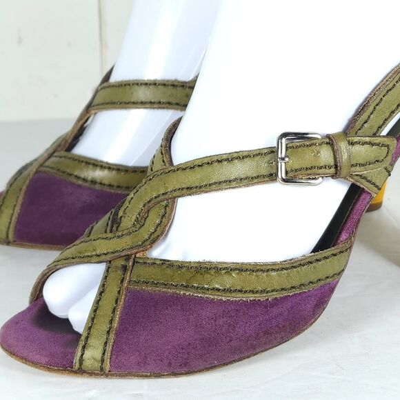 Prada Women's US6-6,5 EU37 Purple Multicolor Suede Leather Peep Toe Heels - Picture 13 of 16